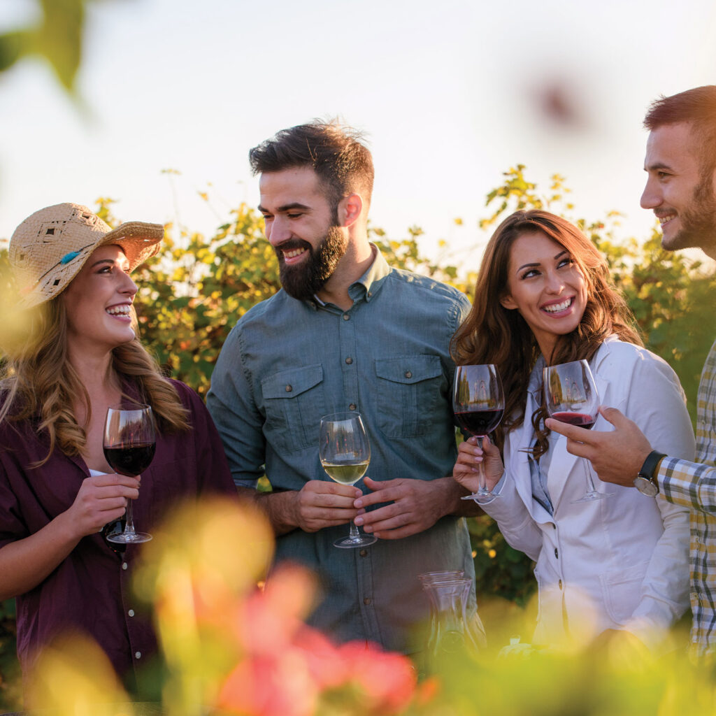 Four people holding wine glasses while smiling at each other