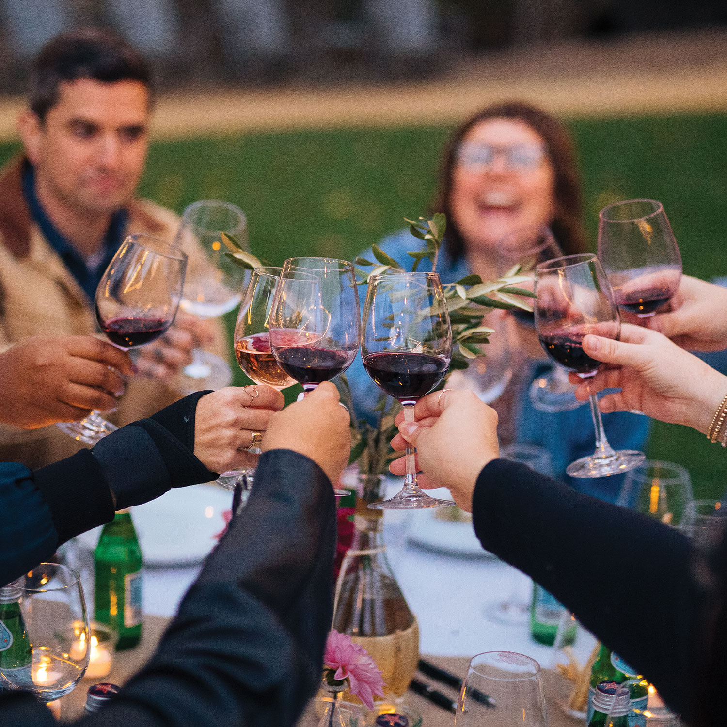 Group of people bringing wine glasses together